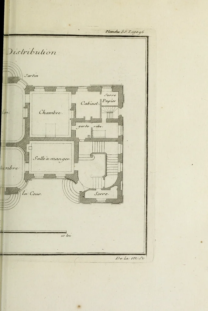 An illustration from L'art de bâtir des maisons de campagne : où l'on traite de leur distribution, de leur construction, & de leur decoration ... : avec l'explication de ses projets, et des desseins de menuiserie, de serrurerie, de parterres, & d'autres ornemens propres à la decoration intérieure & extérieure ..., 1743, leaf 238