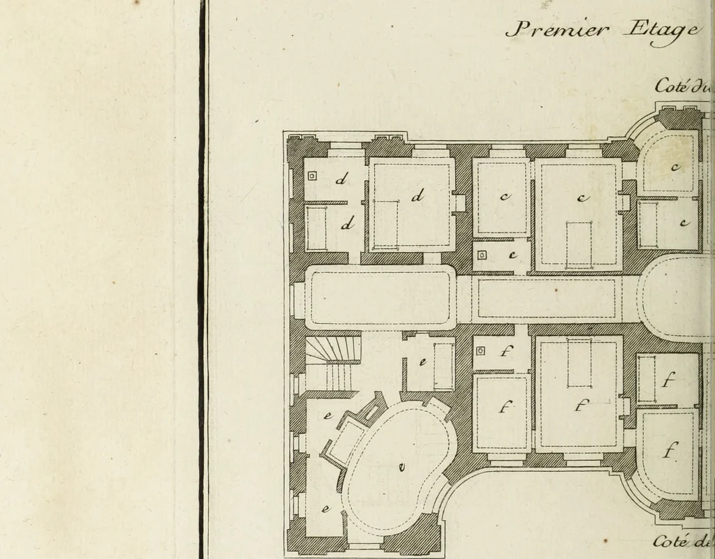 An illustration from L'art de bâtir des maisons de campagne : où l'on traite de leur distribution, de leur construction, & de leur decoration ... : avec l'explication de ses projets, et des desseins de menuiserie, de serrurerie, de parterres, & d'autres ornemens propres à la decoration intérieure & extérieure ..., 1743, leaf 241