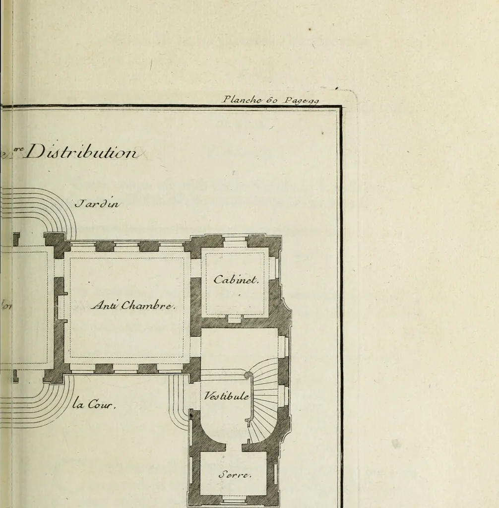 An illustration from L'art de bâtir des maisons de campagne : où l'on traite de leur distribution, de leur construction, & de leur decoration ... : avec l'explication de ses projets, et des desseins de menuiserie, de serrurerie, de parterres, & d'autres ornemens propres à la decoration intérieure & extérieure ..., 1743, leaf 258