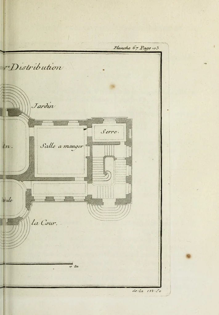 An illustration from L'art de bâtir des maisons de campagne : où l'on traite de leur distribution, de leur construction, & de leur decoration ... : avec l'explication de ses projets, et des desseins de menuiserie, de serrurerie, de parterres, & d'autres ornemens propres à la decoration intérieure & extérieure ..., 1743, leaf 288