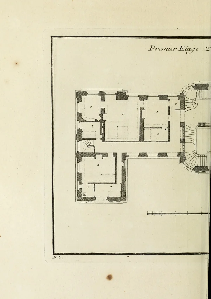 An illustration from L'art de bâtir des maisons de campagne : où l'on traite de leur distribution, de leur construction, & de leur decoration ... : avec l'explication de ses projets, et des desseins de menuiserie, de serrurerie, de parterres, & d'autres ornemens propres à la decoration intérieure & extérieure ..., 1743, leaf 375