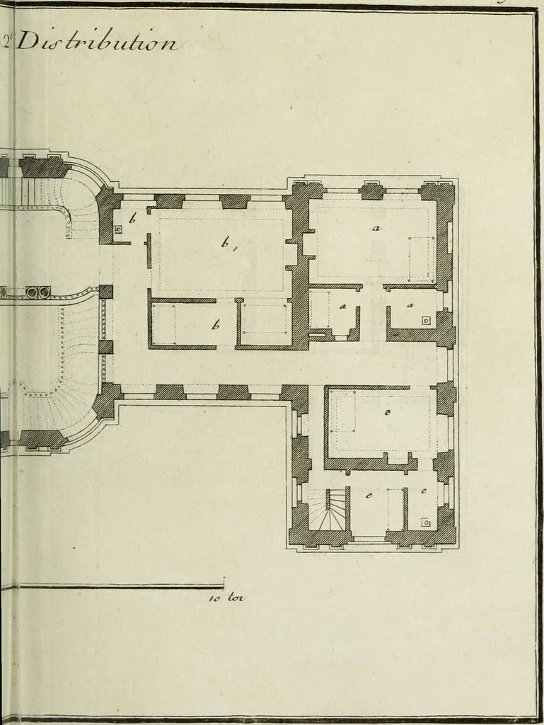 An illustration from L'art de bâtir des maisons de campagne : où l'on traite de leur distribution, de leur construction, & de leur decoration ... : avec l'explication de ses projets, et des desseins de menuiserie, de serrurerie, de parterres, & d'autres ornemens propres à la decoration intérieure & extérieure ..., 1743, leaf 376