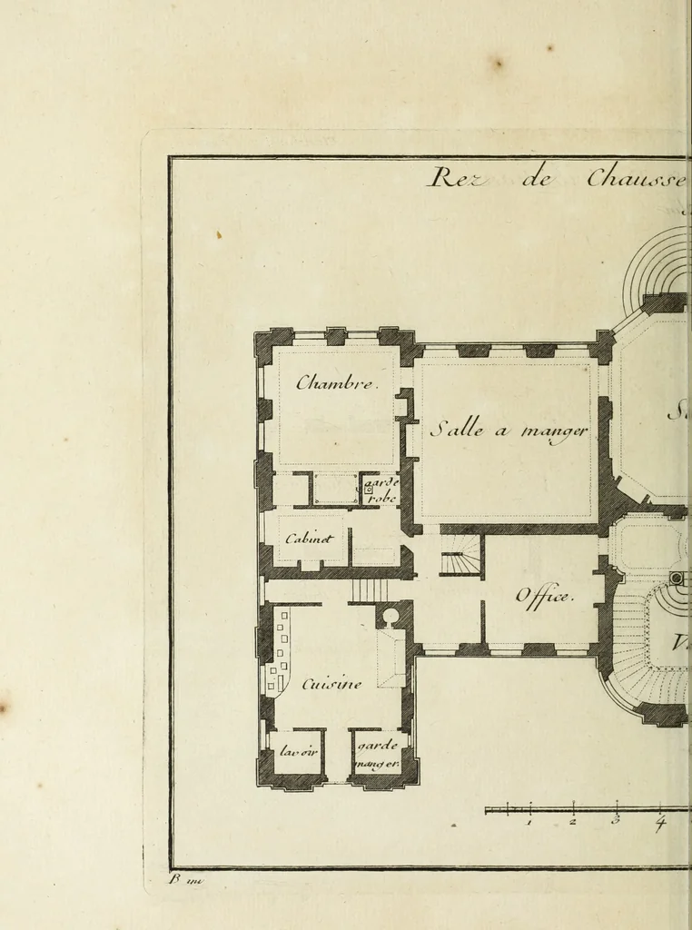 An illustration from L'art de bâtir des maisons de campagne : où l'on traite de leur distribution, de leur construction, & de leur decoration ... : avec l'explication de ses projets, et des desseins de menuiserie, de serrurerie, de parterres, & d'autres ornemens propres à la decoration intérieure & extérieure ..., 1743, leaf 379
