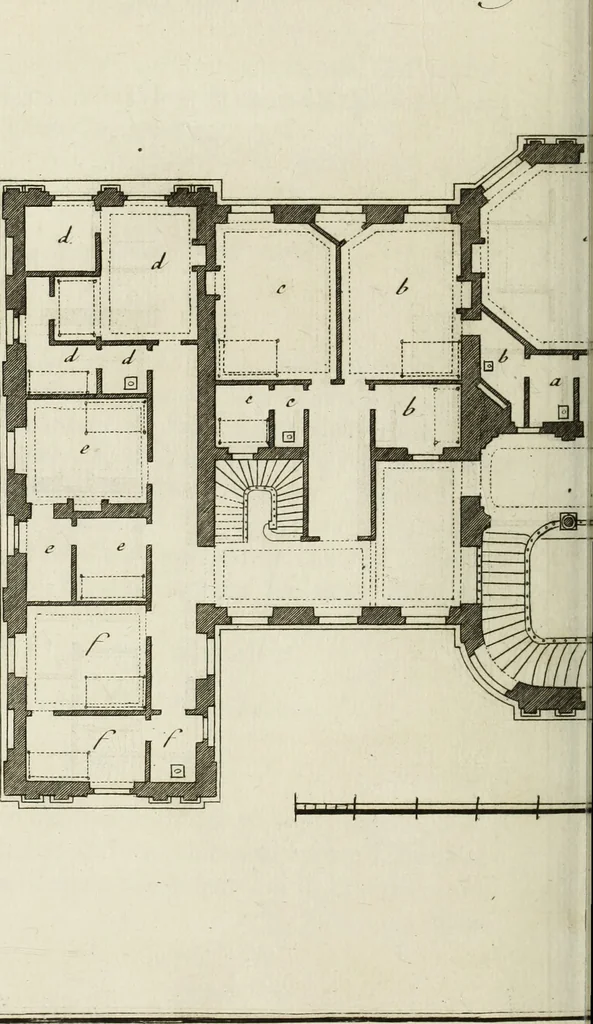 An illustration from L'art de bâtir des maisons de campagne : où l'on traite de leur distribution, de leur construction, & de leur decoration ... : avec l'explication de ses projets, et des desseins de menuiserie, de serrurerie, de parterres, & d'autres ornemens propres à la decoration intérieure & extérieure ..., 1743, leaf 385