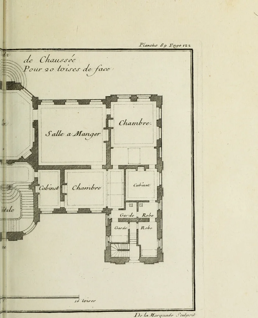 An illustration from L'art de bâtir des maisons de campagne : où l'on traite de leur distribution, de leur construction, & de leur decoration ... : avec l'explication de ses projets, et des desseins de menuiserie, de serrurerie, de parterres, & d'autres ornemens propres à la decoration intérieure & extérieure ..., 1743, leaf 390
