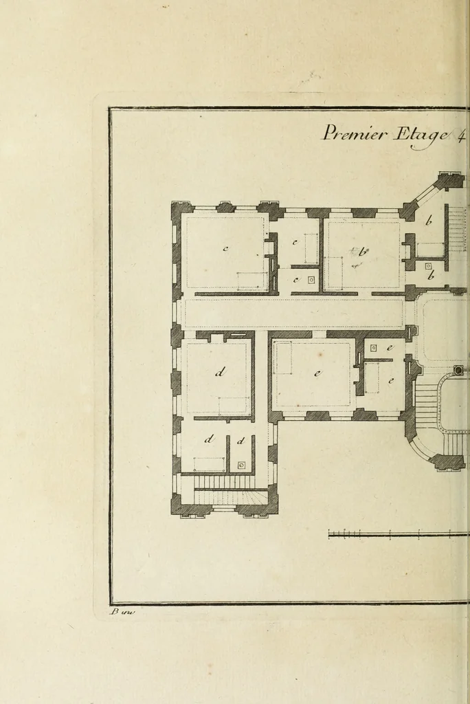 An illustration from L'art de bâtir des maisons de campagne : où l'on traite de leur distribution, de leur construction, & de leur decoration ... : avec l'explication de ses projets, et des desseins de menuiserie, de serrurerie, de parterres, & d'autres ornemens propres à la decoration intérieure & extérieure ..., 1743, leaf 393