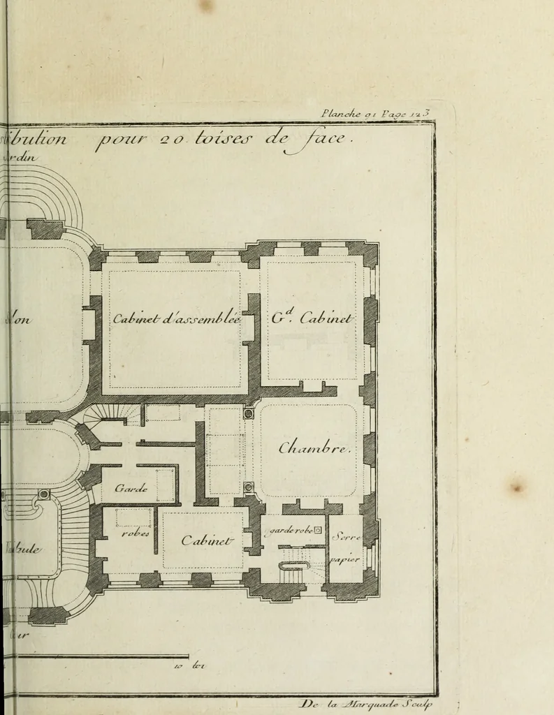 An illustration from L'art de bâtir des maisons de campagne : où l'on traite de leur distribution, de leur construction, & de leur decoration ... : avec l'explication de ses projets, et des desseins de menuiserie, de serrurerie, de parterres, & d'autres ornemens propres à la decoration intérieure & extérieure ..., 1743, leaf 398