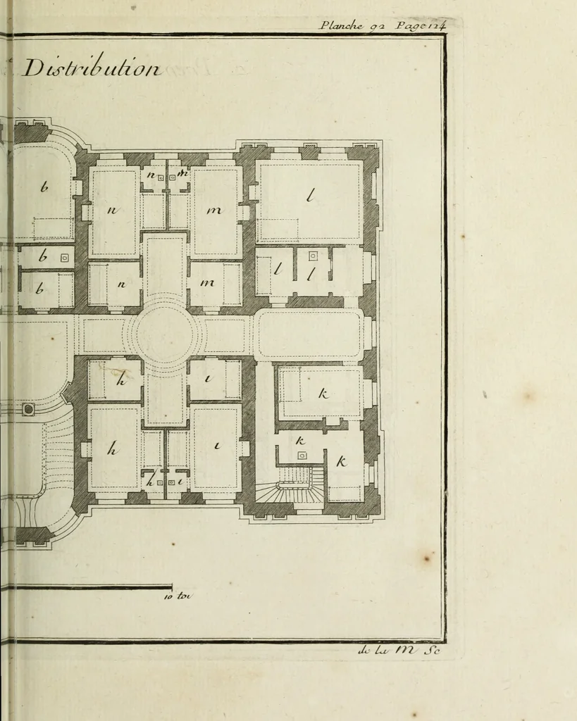 An illustration from L'art de bâtir des maisons de campagne : où l'on traite de leur distribution, de leur construction, & de leur decoration ... : avec l'explication de ses projets, et des desseins de menuiserie, de serrurerie, de parterres, & d'autres ornemens propres à la decoration intérieure & extérieure ..., 1743, leaf 404
