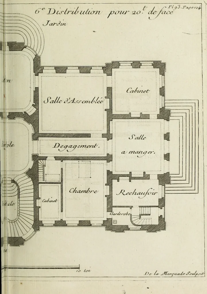 An illustration from L'art de bâtir des maisons de campagne : où l'on traite de leur distribution, de leur construction, & de leur decoration ... : avec l'explication de ses projets, et des desseins de menuiserie, de serrurerie, de parterres, & d'autres ornemens propres à la decoration intérieure & extérieure ..., 1743, leaf 408
