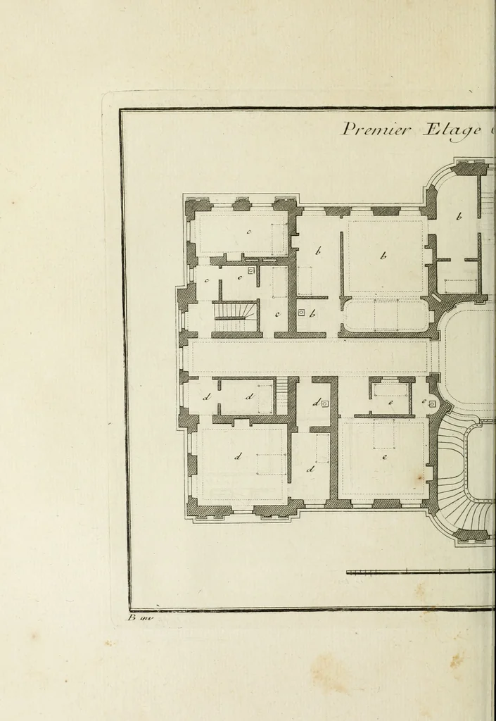 An illustration from L'art de bâtir des maisons de campagne : où l'on traite de leur distribution, de leur construction, & de leur decoration ... : avec l'explication de ses projets, et des desseins de menuiserie, de serrurerie, de parterres, & d'autres ornemens propres à la decoration intérieure & extérieure ..., 1743, leaf 411