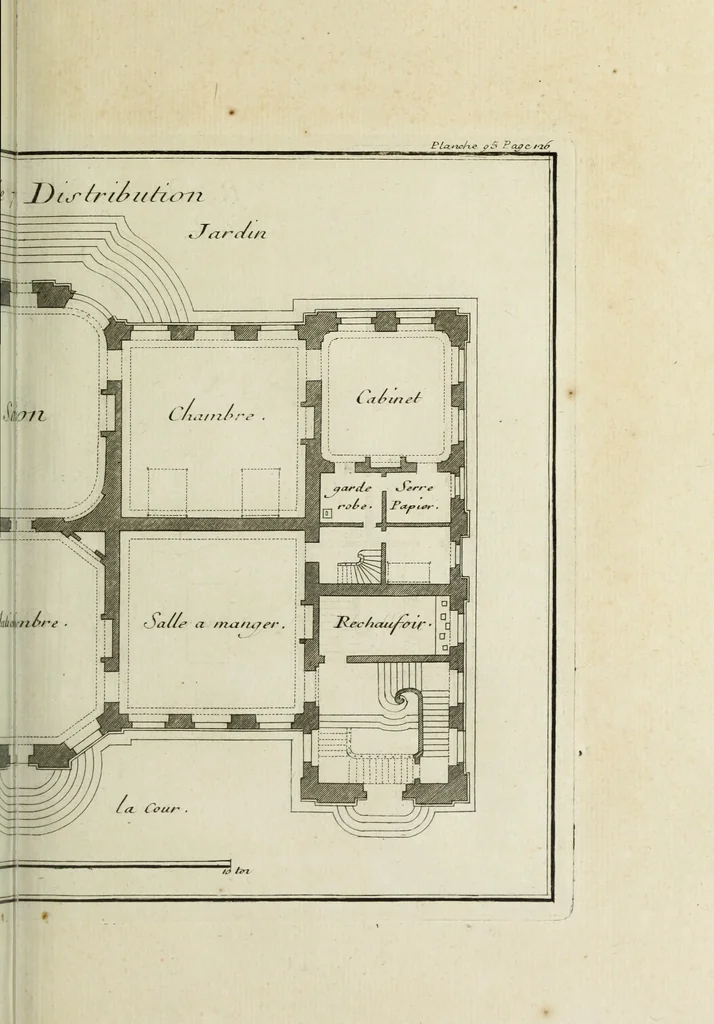 An illustration from L'art de bâtir des maisons de campagne : où l'on traite de leur distribution, de leur construction, & de leur decoration ... : avec l'explication de ses projets, et des desseins de menuiserie, de serrurerie, de parterres, & d'autres ornemens propres à la decoration intérieure & extérieure ..., 1743, leaf 418