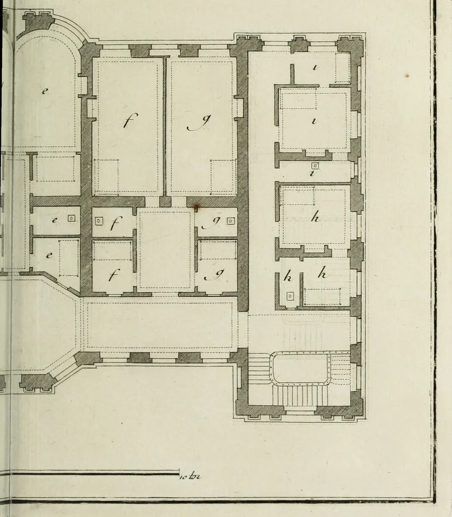 An illustration from L'art de bâtir des maisons de campagne : où l'on traite de leur distribution, de leur construction, & de leur decoration ... : avec l'explication de ses projets, et des desseins de menuiserie, de serrurerie, de parterres, & d'autres ornemens propres à la decoration intérieure & extérieure ..., 1743, leaf 422