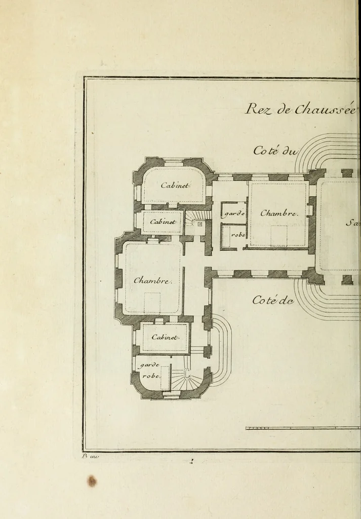 An illustration from L'art de bâtir des maisons de campagne : où l'on traite de leur distribution, de leur construction, & de leur decoration ... : avec l'explication de ses projets, et des desseins de menuiserie, de serrurerie, de parterres, & d'autres ornemens propres à la decoration intérieure & extérieure ..., 1743, leaf 441