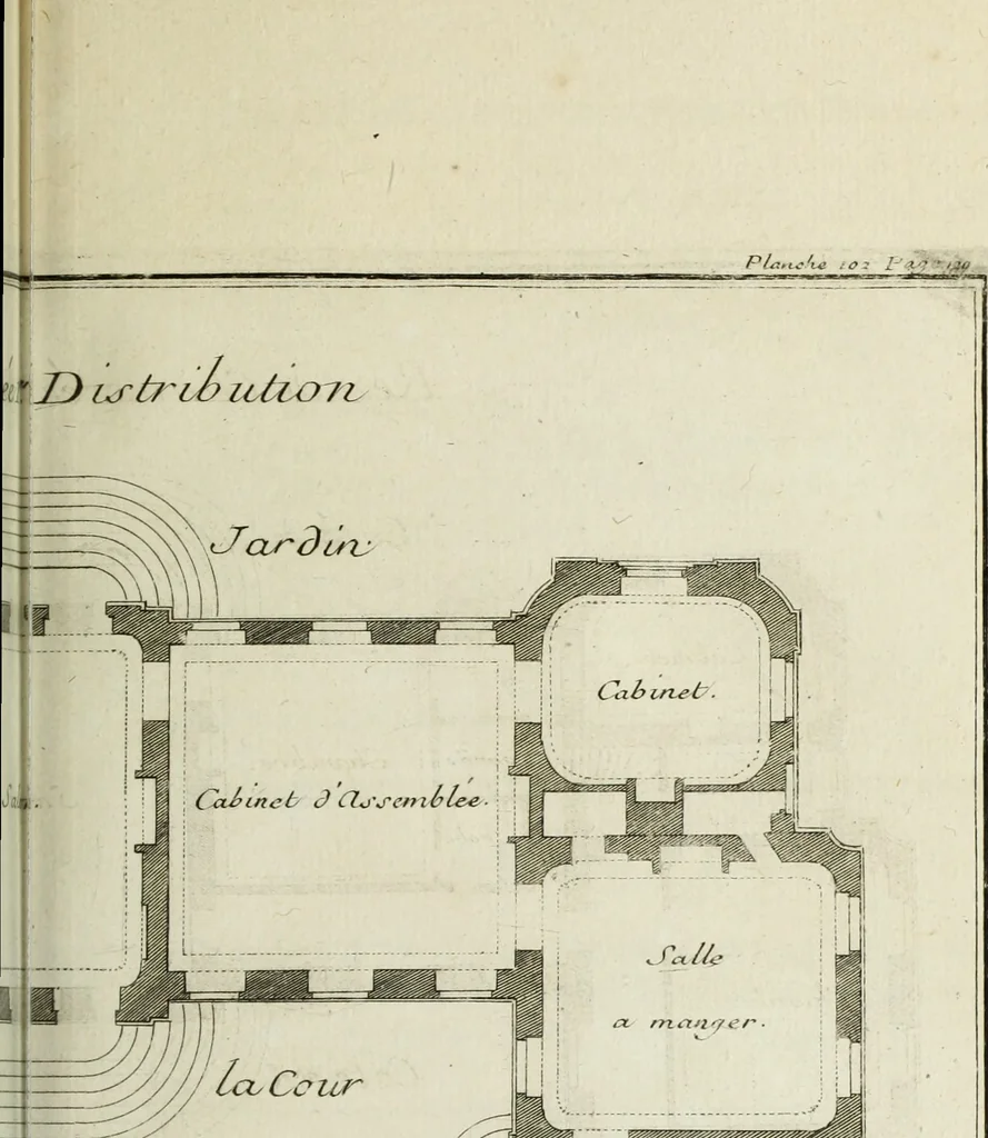 An illustration from L'art de bâtir des maisons de campagne : où l'on traite de leur distribution, de leur construction, & de leur decoration ... : avec l'explication de ses projets, et des desseins de menuiserie, de serrurerie, de parterres, & d'autres ornemens propres à la decoration intérieure & extérieure ..., 1743, leaf 442