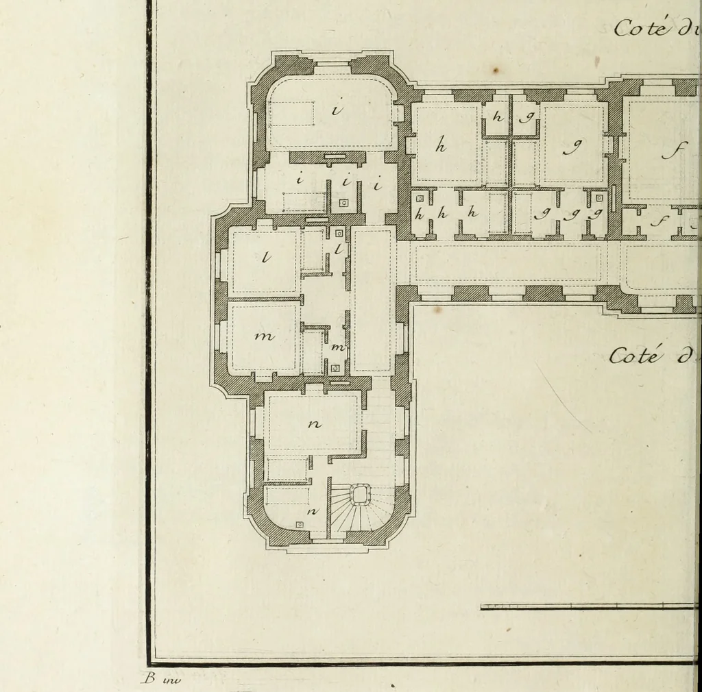 An illustration from L'art de bâtir des maisons de campagne : où l'on traite de leur distribution, de leur construction, & de leur decoration ... : avec l'explication de ses projets, et des desseins de menuiserie, de serrurerie, de parterres, & d'autres ornemens propres à la decoration intérieure & extérieure ..., 1743, leaf 447