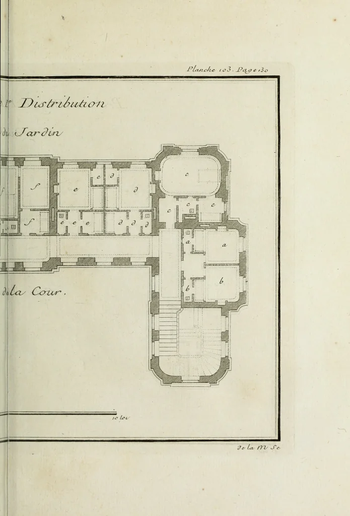 An illustration from L'art de bâtir des maisons de campagne : où l'on traite de leur distribution, de leur construction, & de leur decoration ... : avec l'explication de ses projets, et des desseins de menuiserie, de serrurerie, de parterres, & d'autres ornemens propres à la decoration intérieure & extérieure ..., 1743, leaf 448