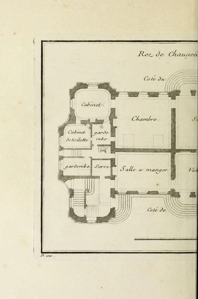 An illustration from L'art de bâtir des maisons de campagne : où l'on traite de leur distribution, de leur construction, & de leur decoration ... : avec l'explication de ses projets, et des desseins de menuiserie, de serrurerie, de parterres, & d'autres ornemens propres à la decoration intérieure & extérieure ..., 1743, leaf 451