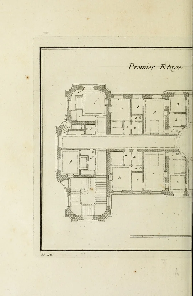 An illustration from L'art de bâtir des maisons de campagne : où l'on traite de leur distribution, de leur construction, & de leur decoration ... : avec l'explication de ses projets, et des desseins de menuiserie, de serrurerie, de parterres, & d'autres ornemens propres à la decoration intérieure & extérieure ..., 1743, leaf 455