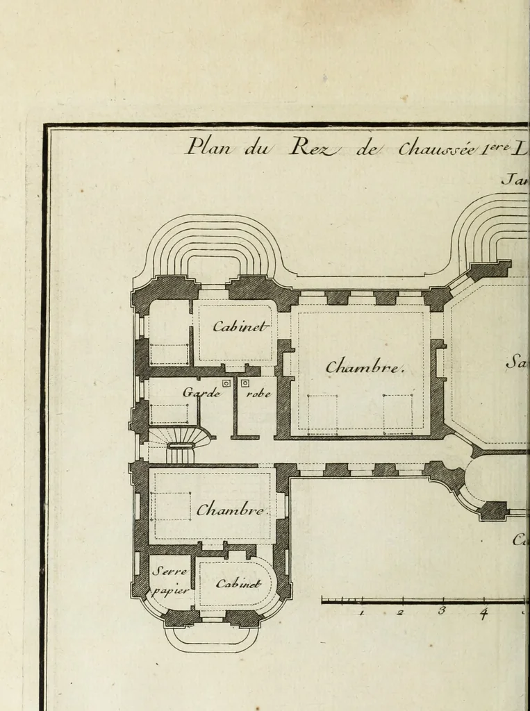An illustration from L'art de bâtir des maisons de campagne : où l'on traite de leur distribution, de leur construction, & de leur decoration ... : avec l'explication de ses projets, et des desseins de menuiserie, de serrurerie, de parterres, & d'autres ornemens propres à la decoration intérieure & extérieure ..., 1743, leaf 473