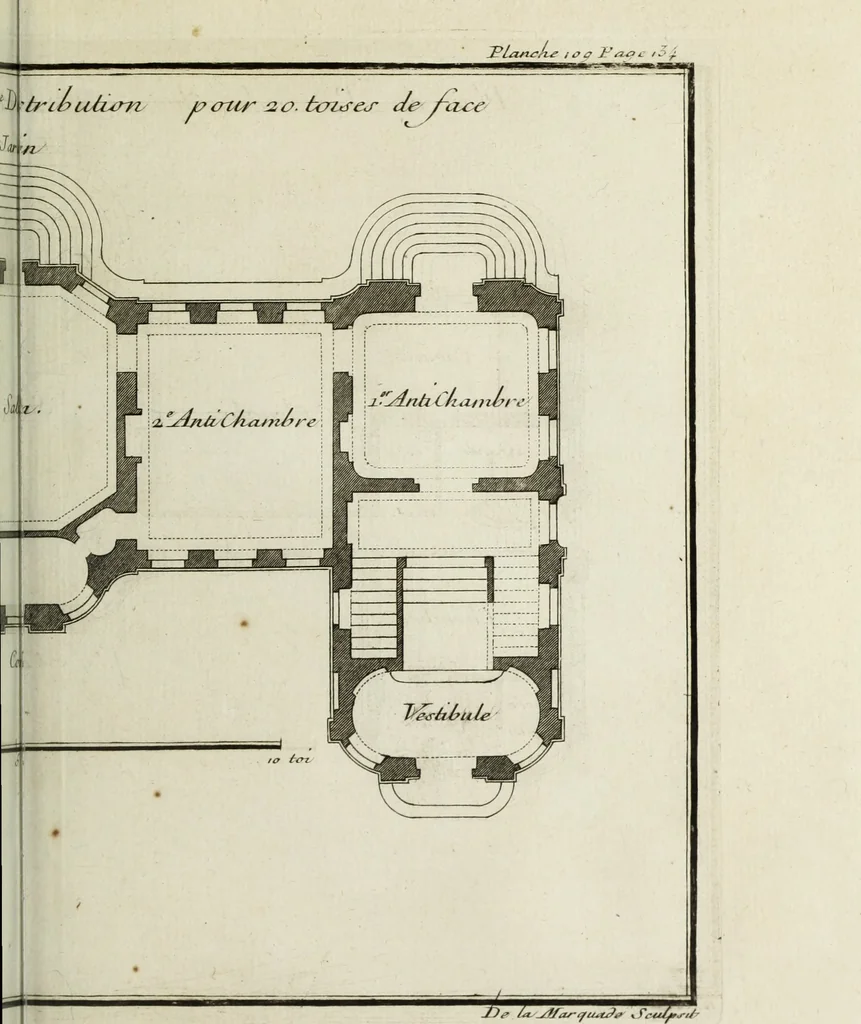 An illustration from L'art de bâtir des maisons de campagne : où l'on traite de leur distribution, de leur construction, & de leur decoration ... : avec l'explication de ses projets, et des desseins de menuiserie, de serrurerie, de parterres, & d'autres ornemens propres à la decoration intérieure & extérieure ..., 1743, leaf 474