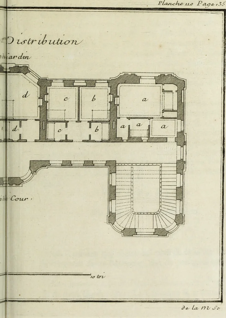 An illustration from L'art de bâtir des maisons de campagne : où l'on traite de leur distribution, de leur construction, & de leur decoration ... : avec l'explication de ses projets, et des desseins de menuiserie, de serrurerie, de parterres, & d'autres ornemens propres à la decoration intérieure & extérieure ..., 1743, leaf 478