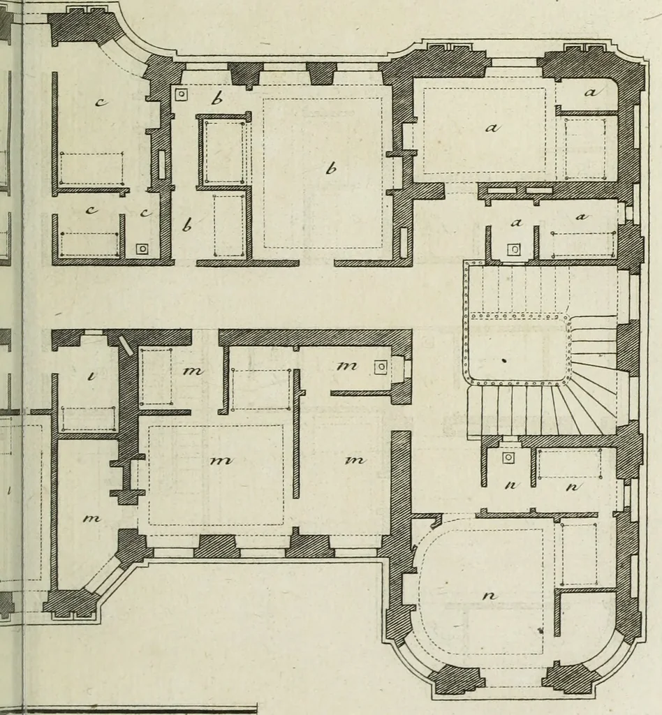 An illustration from L'art de bâtir des maisons de campagne : où l'on traite de leur distribution, de leur construction, & de leur decoration ... : avec l'explication de ses projets, et des desseins de menuiserie, de serrurerie, de parterres, & d'autres ornemens propres à la decoration intérieure & extérieure ..., 1743, leaf 498