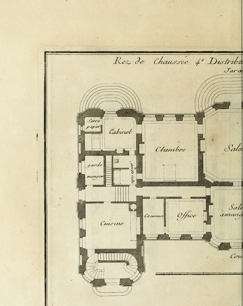 An illustration from L'art de bâtir des maisons de campagne : où l'on traite de leur distribution, de leur construction, & de leur decoration ... : avec l'explication de ses projets, et des desseins de menuiserie, de serrurerie, de parterres, & d'autres ornemens propres à la decoration intérieure & extérieure ..., 1743, leaf 501