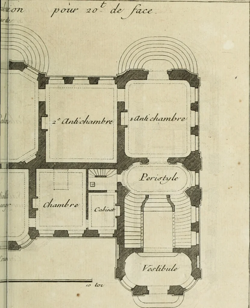 An illustration from L'art de bâtir des maisons de campagne : où l'on traite de leur distribution, de leur construction, & de leur decoration ... : avec l'explication de ses projets, et des desseins de menuiserie, de serrurerie, de parterres, & d'autres ornemens propres à la decoration intérieure & extérieure ..., 1743, leaf 502