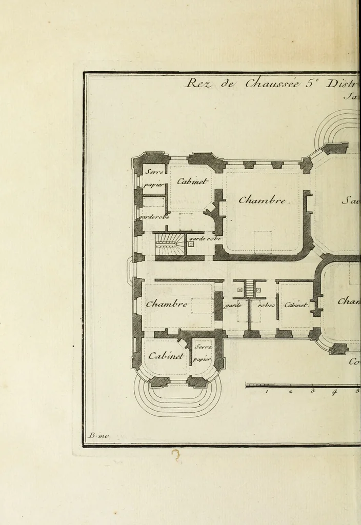 An illustration from L'art de bâtir des maisons de campagne : où l'on traite de leur distribution, de leur construction, & de leur decoration ... : avec l'explication de ses projets, et des desseins de menuiserie, de serrurerie, de parterres, & d'autres ornemens propres à la decoration intérieure & extérieure ..., 1743, leaf 511