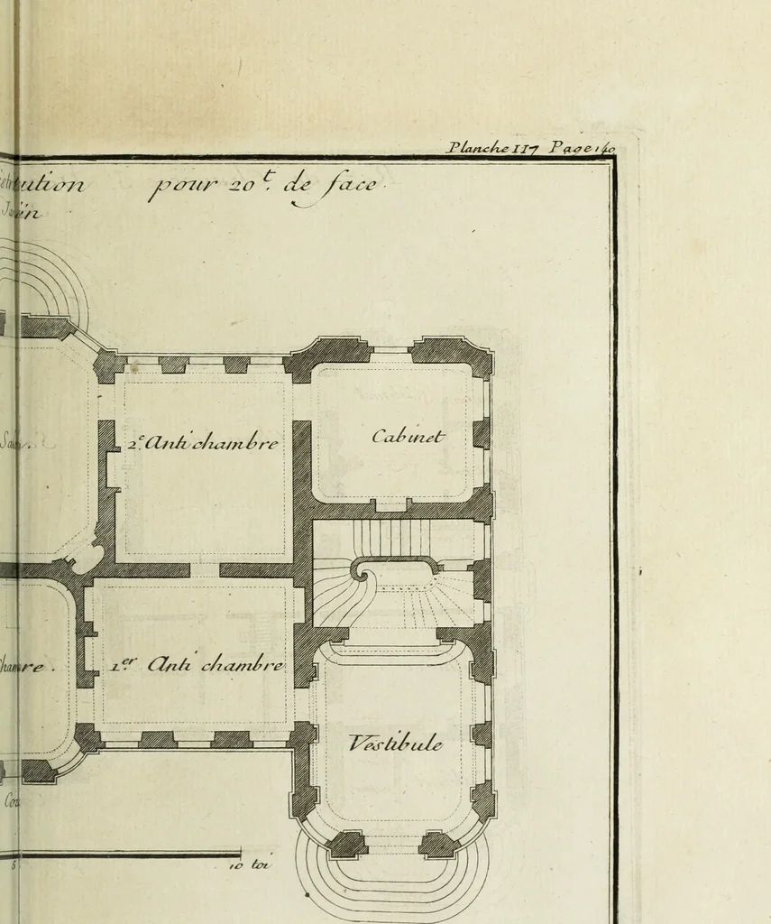 An illustration from L'art de bâtir des maisons de campagne : où l'on traite de leur distribution, de leur construction, & de leur decoration ... : avec l'explication de ses projets, et des desseins de menuiserie, de serrurerie, de parterres, & d'autres ornemens propres à la decoration intérieure & extérieure ..., 1743, leaf 512