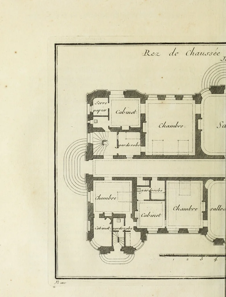 An illustration from L'art de bâtir des maisons de campagne : où l'on traite de leur distribution, de leur construction, & de leur decoration ... : avec l'explication de ses projets, et des desseins de menuiserie, de serrurerie, de parterres, & d'autres ornemens propres à la decoration intérieure & extérieure ..., 1743, leaf 521
