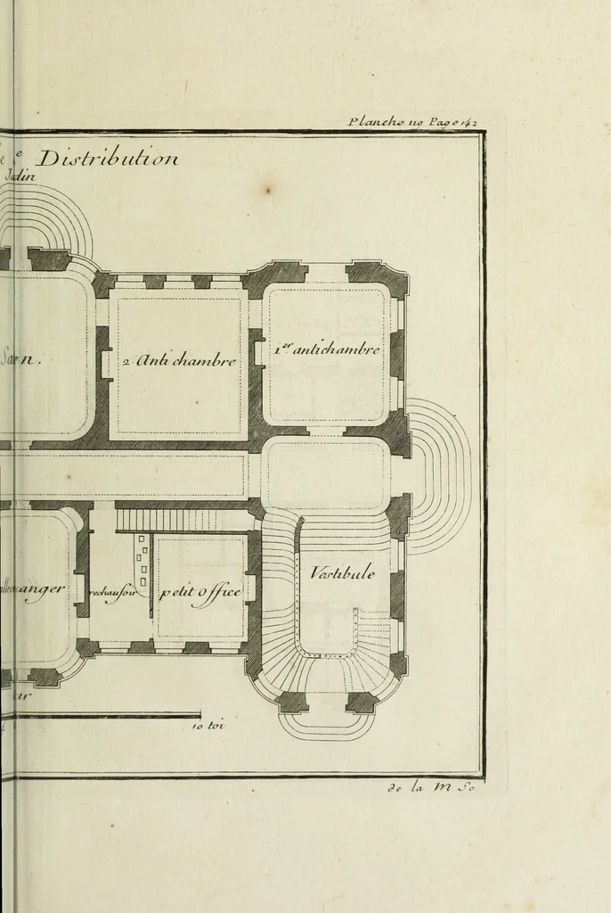 An illustration from L'art de bâtir des maisons de campagne : où l'on traite de leur distribution, de leur construction, & de leur decoration ... : avec l'explication de ses projets, et des desseins de menuiserie, de serrurerie, de parterres, & d'autres ornemens propres à la decoration intérieure & extérieure ..., 1743, leaf 522