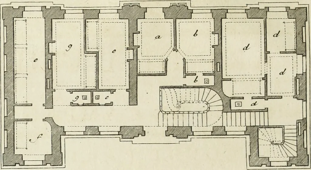 An illustration from L'art de bâtir des maisons de campagne : où l'on traite de leur distribution, de leur construction, & de leur decoration ... : avec l'explication de ses projets, et des desseins de menuiserie, de serrurerie, de parterres, & d'autres ornemens propres à la decoration intérieure & extérieure ..., 1743, leaf 53