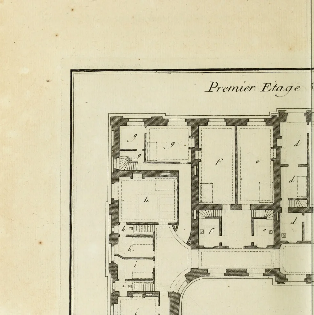 An illustration from L'art de bâtir des maisons de campagne : où l'on traite de leur distribution, de leur construction, & de leur decoration ... : avec l'explication de ses projets, et des desseins de menuiserie, de serrurerie, de parterres, & d'autres ornemens propres à la decoration intérieure & extérieure ..., 1743, leaf 567