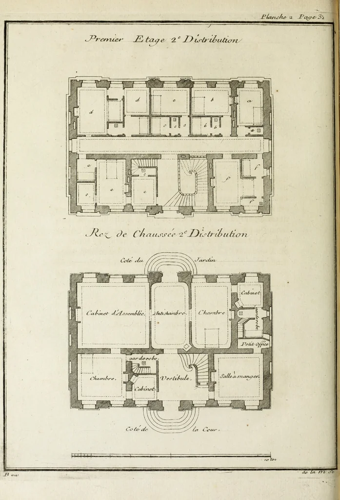 An illustration from L'art de bâtir des maisons de campagne : où l'on traite de leur distribution, de leur construction, & de leur decoration ... : avec l'explication de ses projets, et des desseins de menuiserie, de serrurerie, de parterres, & d'autres ornemens propres à la decoration intérieure & extérieure ..., 1743, leaf 57
