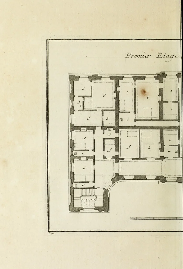 An illustration from L'art de bâtir des maisons de campagne : où l'on traite de leur distribution, de leur construction, & de leur decoration ... : avec l'explication de ses projets, et des desseins de menuiserie, de serrurerie, de parterres, & d'autres ornemens propres à la decoration intérieure & extérieure ..., 1743, leaf 577