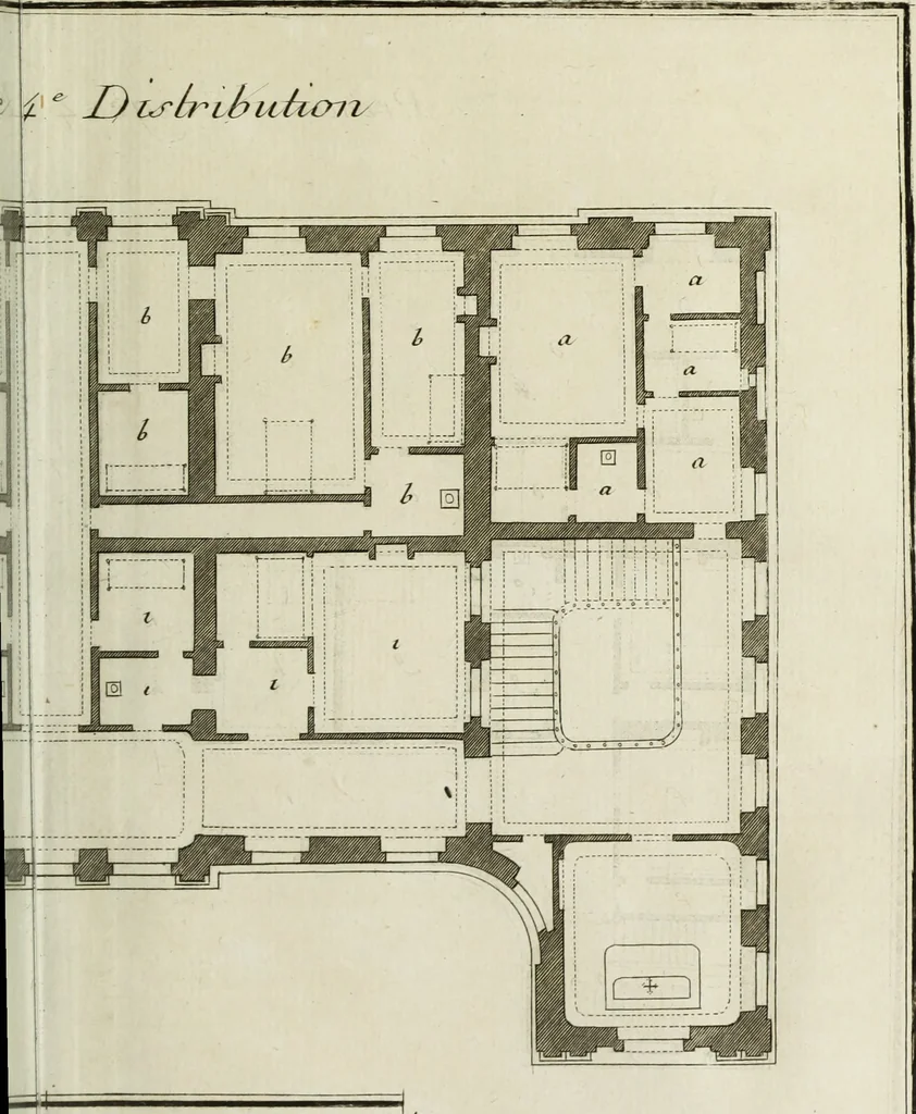 An illustration from L'art de bâtir des maisons de campagne : où l'on traite de leur distribution, de leur construction, & de leur decoration ... : avec l'explication de ses projets, et des desseins de menuiserie, de serrurerie, de parterres, & d'autres ornemens propres à la decoration intérieure & extérieure ..., 1743, leaf 578