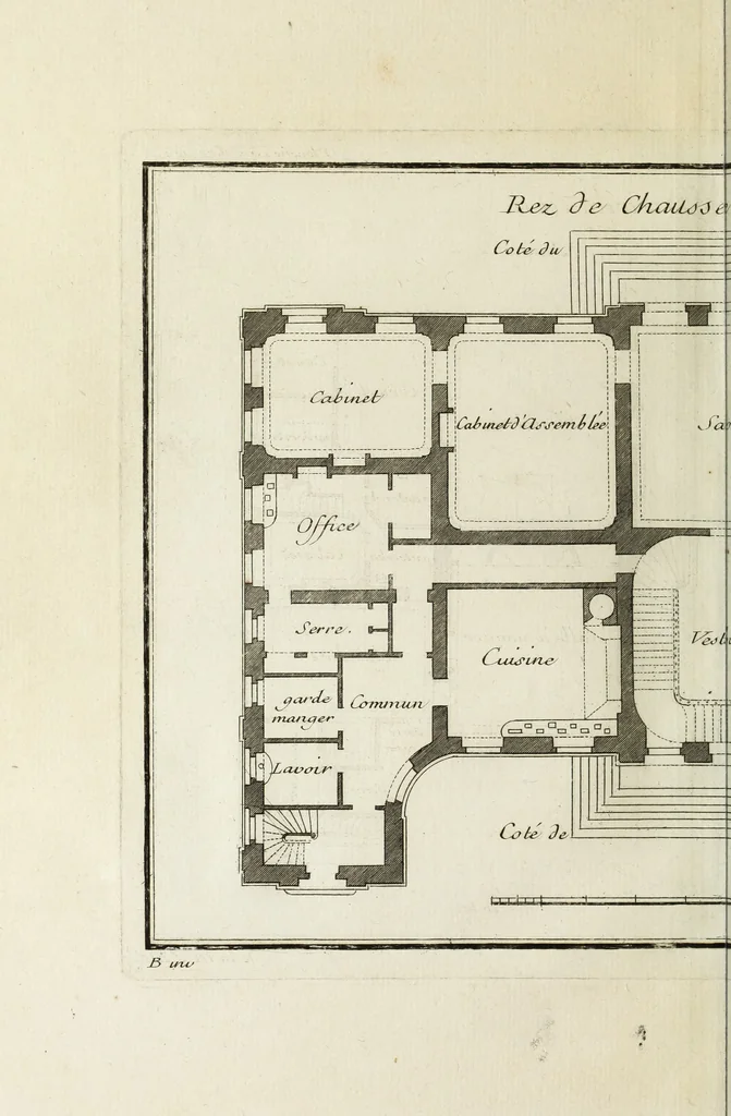 An illustration from L'art de bâtir des maisons de campagne : où l'on traite de leur distribution, de leur construction, & de leur decoration ... : avec l'explication de ses projets, et des desseins de menuiserie, de serrurerie, de parterres, & d'autres ornemens propres à la decoration intérieure & extérieure ..., 1743, leaf 581