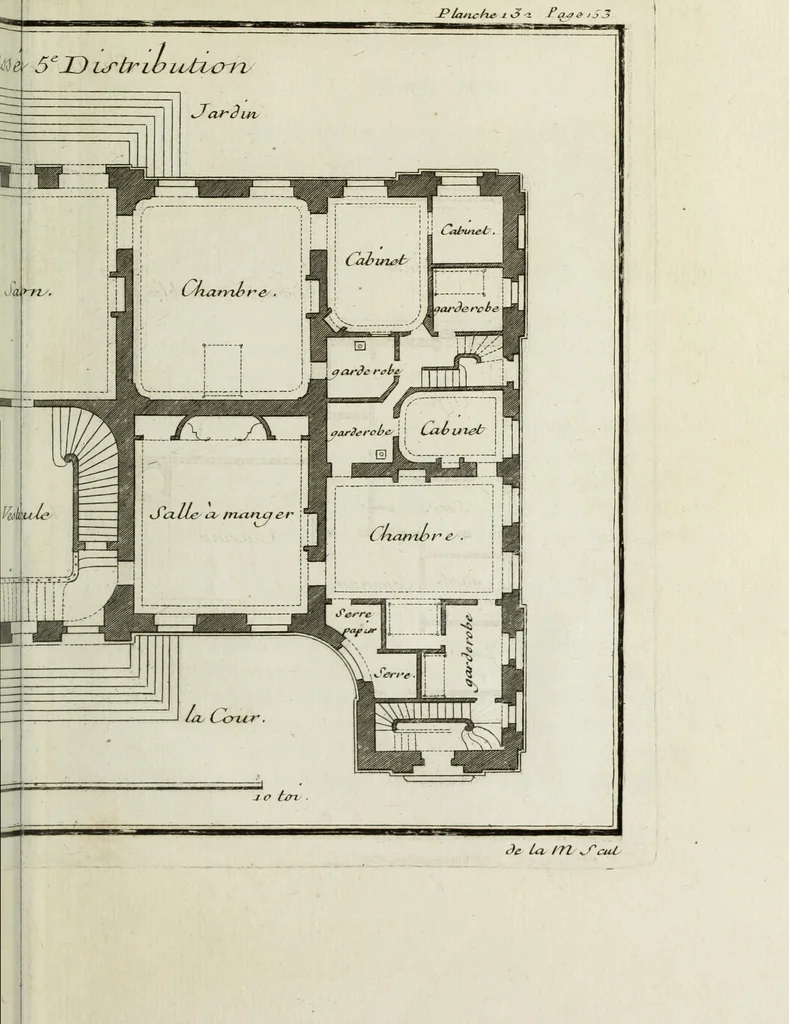 An illustration from L'art de bâtir des maisons de campagne : où l'on traite de leur distribution, de leur construction, & de leur decoration ... : avec l'explication de ses projets, et des desseins de menuiserie, de serrurerie, de parterres, & d'autres ornemens propres à la decoration intérieure & extérieure ..., 1743, leaf 582