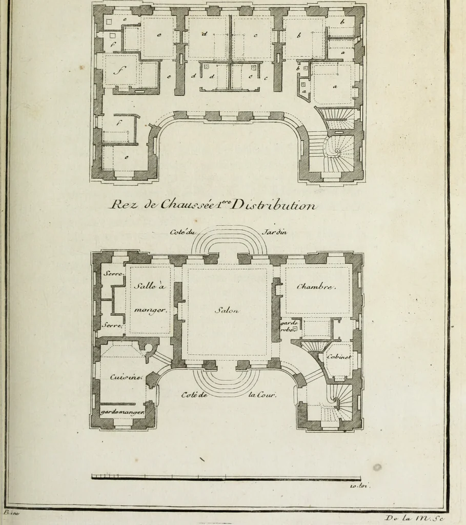 An illustration from L'art de bâtir des maisons de campagne : où l'on traite de leur distribution, de leur construction, & de leur decoration ... : avec l'explication de ses projets, et des desseins de menuiserie, de serrurerie, de parterres, & d'autres ornemens propres à la decoration intérieure & extérieure ..., 1743, leaf 70