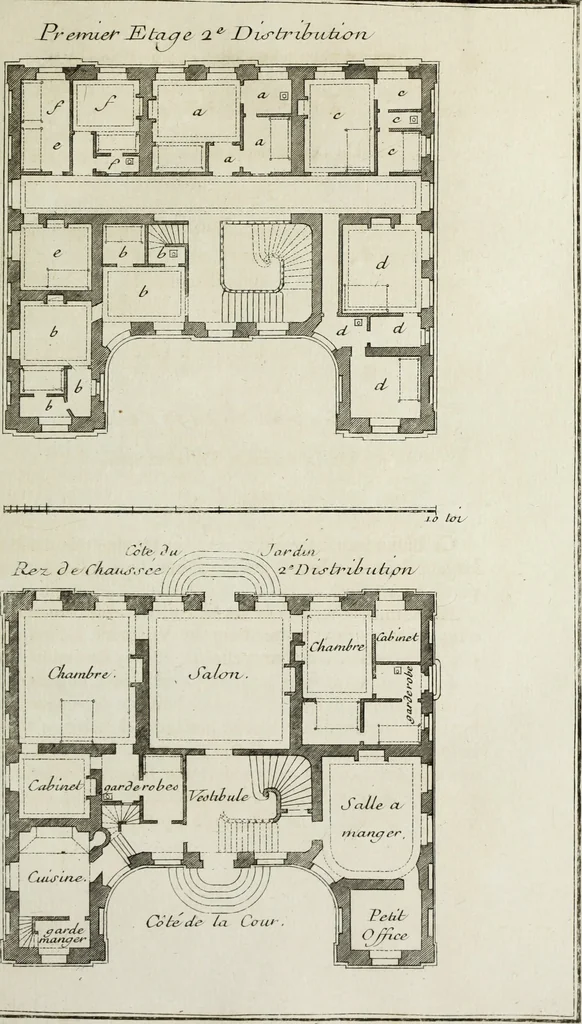 An illustration from L'art de bâtir des maisons de campagne : où l'on traite de leur distribution, de leur construction, & de leur decoration ... : avec l'explication de ses projets, et des desseins de menuiserie, de serrurerie, de parterres, & d'autres ornemens propres à la decoration intérieure & extérieure ..., 1743, leaf 74