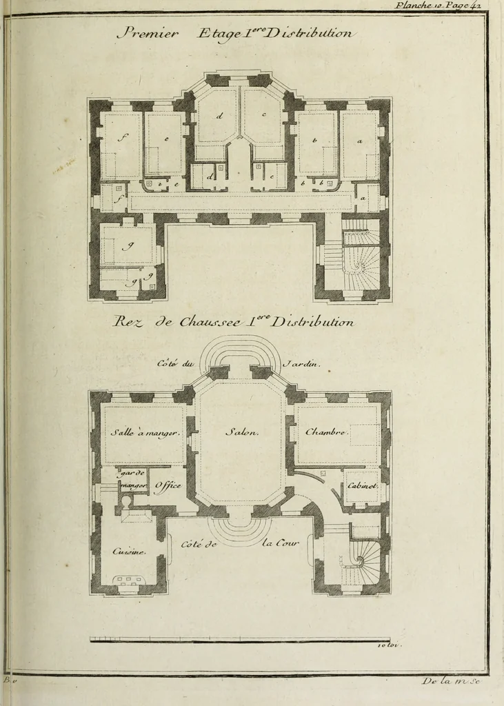 An illustration from L'art de bâtir des maisons de campagne : où l'on traite de leur distribution, de leur construction, & de leur decoration ... : avec l'explication de ses projets, et des desseins de menuiserie, de serrurerie, de parterres, & d'autres ornemens propres à la decoration intérieure & extérieure ..., 1743, leaf 84