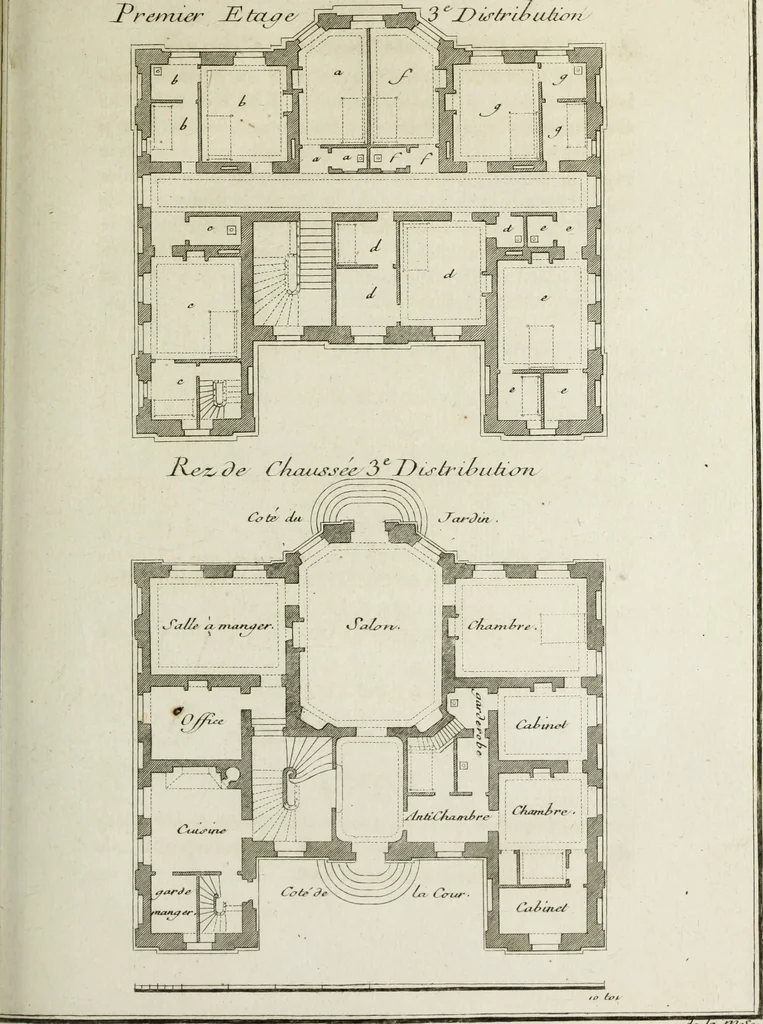 An illustration from L'art de bâtir des maisons de campagne : où l'on traite de leur distribution, de leur construction, & de leur decoration ... : avec l'explication de ses projets, et des desseins de menuiserie, de serrurerie, de parterres, & d'autres ornemens propres à la decoration intérieure & extérieure ..., 1743, leaf 90