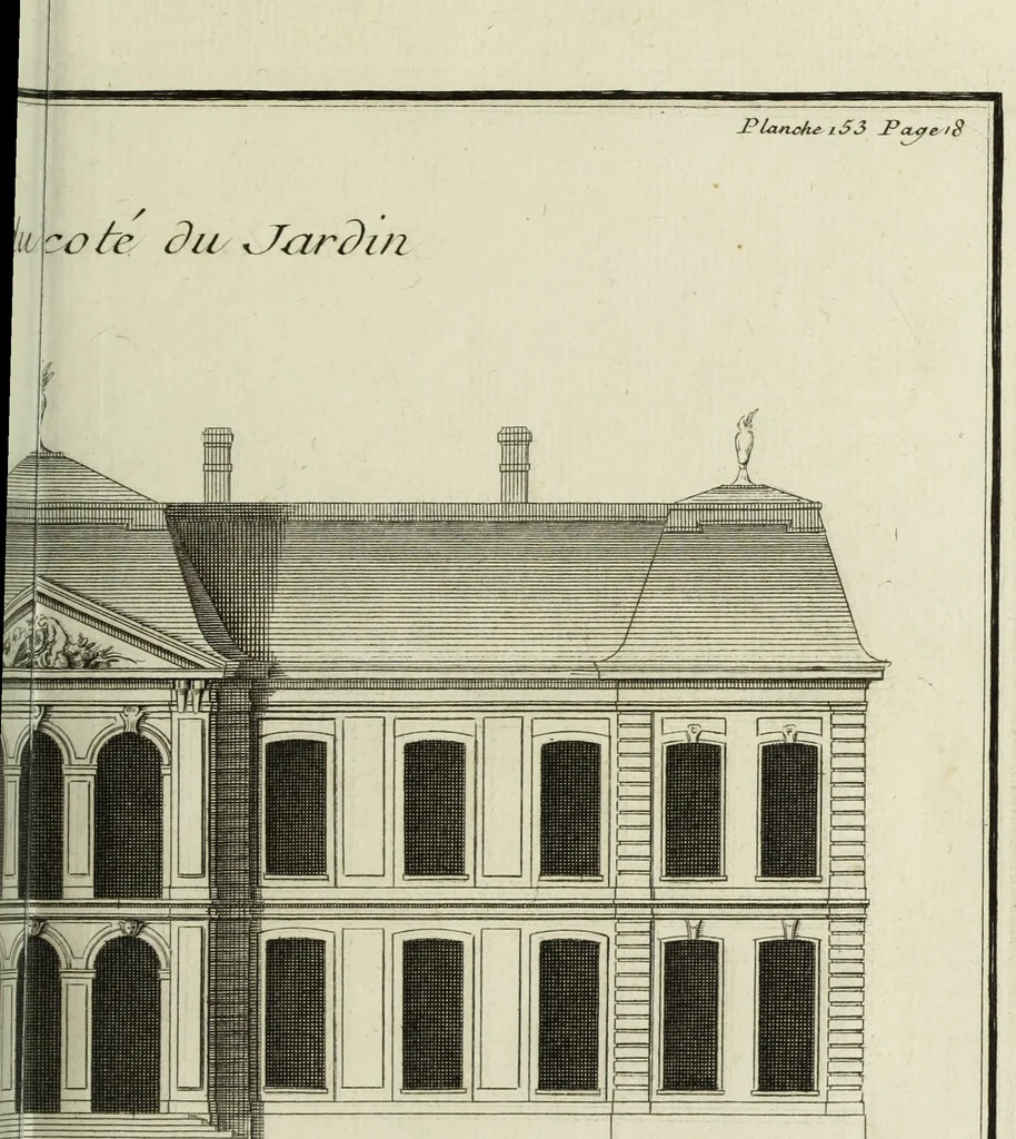 An illustration from L'art de bâtir des maisons de campagne : où l'on traite de leur distribution, de leur construction, & de leur decoration ... : avec l'explication de ses projets, et des desseins de menuiserie, de serrurerie, de parterres, & d'autres ornemens propres à la decoration intérieure & extérieure ..., 1743, leaf 102