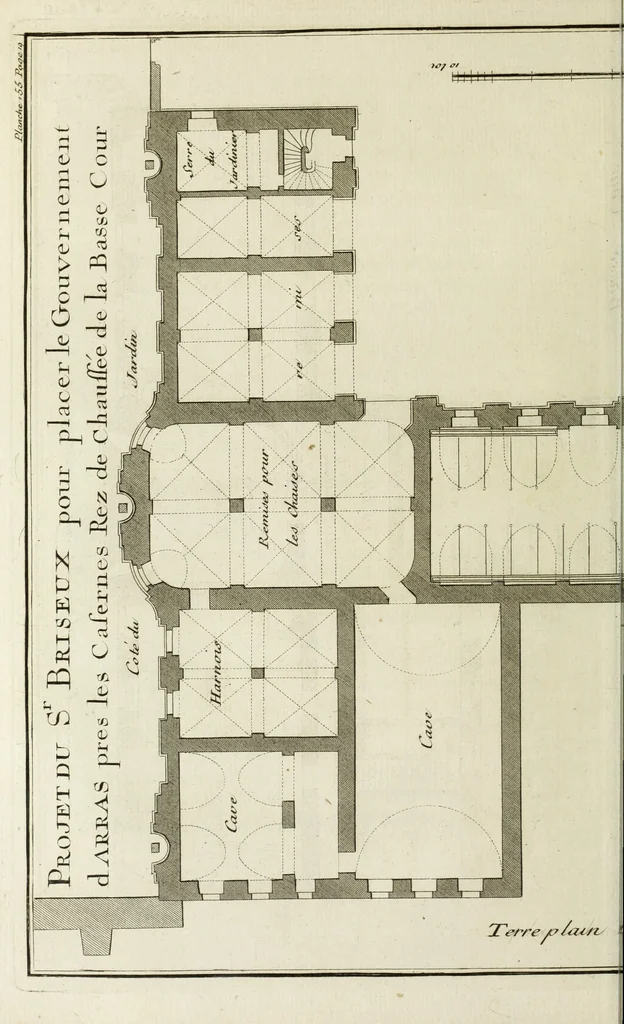 An illustration from L'art de bâtir des maisons de campagne : où l'on traite de leur distribution, de leur construction, & de leur decoration ... : avec l'explication de ses projets, et des desseins de menuiserie, de serrurerie, de parterres, & d'autres ornemens propres à la decoration intérieure & extérieure ..., 1743, leaf 111