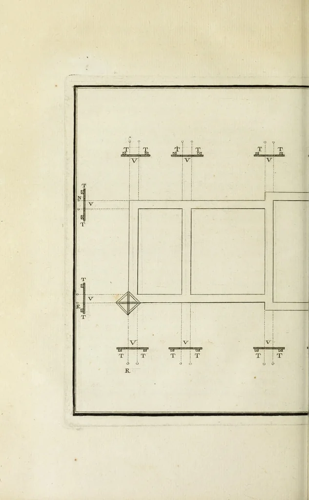 An illustration from L'art de bâtir des maisons de campagne : où l'on traite de leur distribution, de leur construction, & de leur decoration ... : avec l'explication de ses projets, et des desseins de menuiserie, de serrurerie, de parterres, & d'autres ornemens propres à la decoration intérieure & extérieure ..., 1743, leaf 183