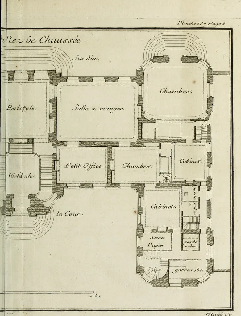 An illustration from L'art de bâtir des maisons de campagne : où l'on traite de leur distribution, de leur construction, & de leur decoration ... : avec l'explication de ses projets, et des desseins de menuiserie, de serrurerie, de parterres, & d'autres ornemens propres à la decoration intérieure & extérieure ..., 1743, leaf 22
