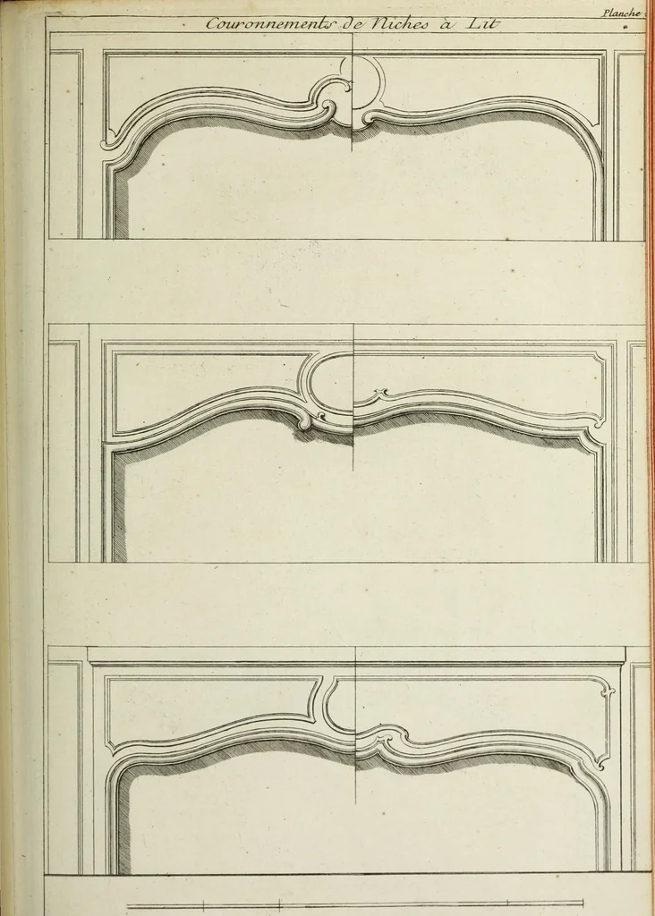 An illustration from L'art de bâtir des maisons de campagne : où l'on traite de leur distribution, de leur construction, & de leur decoration ... : avec l'explication de ses projets, et des desseins de menuiserie, de serrurerie, de parterres, & d'autres ornemens propres à la decoration intérieure & extérieure ..., 1743, leaf 414