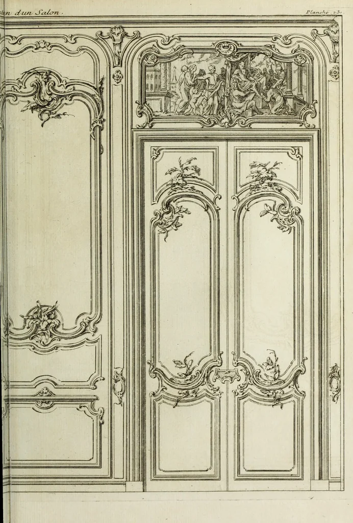 An illustration from L'art de bâtir des maisons de campagne : où l'on traite de leur distribution, de leur construction, & de leur decoration ... : avec l'explication de ses projets, et des desseins de menuiserie, de serrurerie, de parterres, & d'autres ornemens propres à la decoration intérieure & extérieure ..., 1743, leaf 428