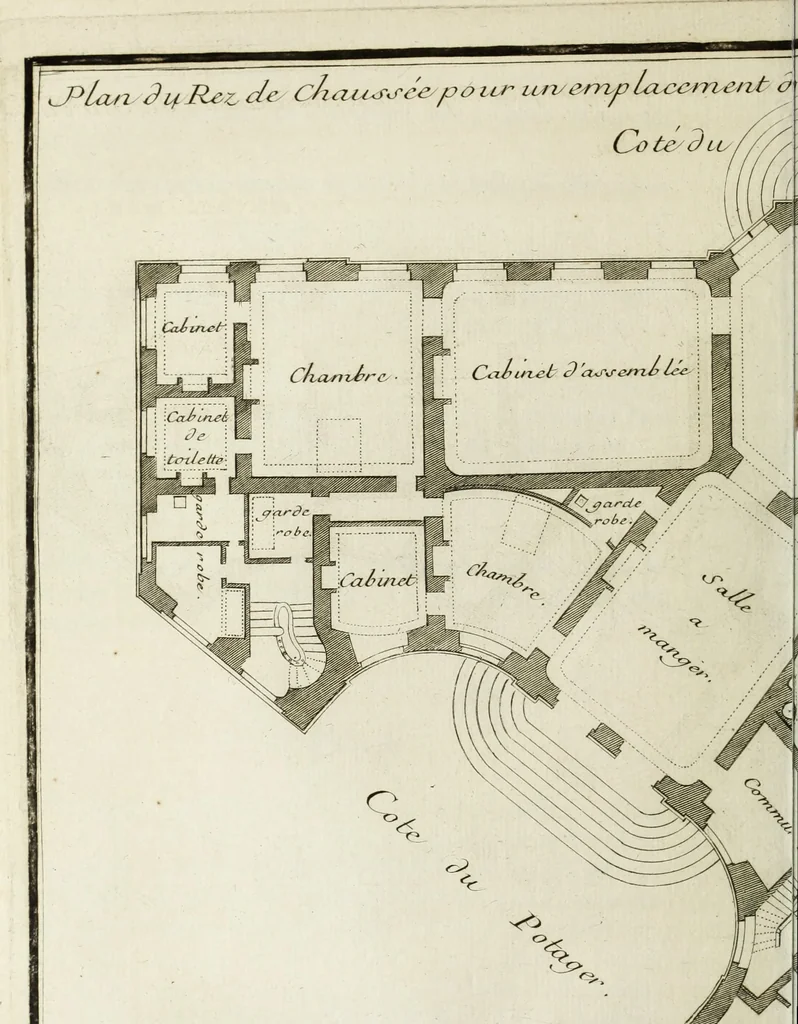 An illustration from L'art de bâtir des maisons de campagne : où l'on traite de leur distribution, de leur construction, & de leur decoration ... : avec l'explication de ses projets, et des desseins de menuiserie, de serrurerie, de parterres, & d'autres ornemens propres à la decoration intérieure & extérieure ..., 1743, leaf 67
